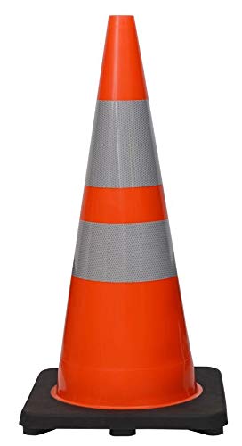 28" Height Orange PVC Traffic Safety Cones with Black Base & 6" + 4" Reflective Collars