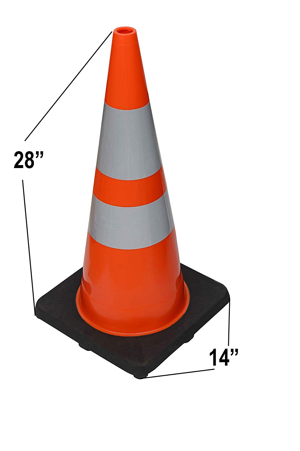 28" Height Orange PVC Traffic Safety Cones with Black Base & 6" + 4" Reflective Collars