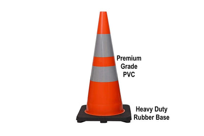 28" Height Orange PVC Traffic Safety Cones with Black Base & 6" + 4" Reflective Collars