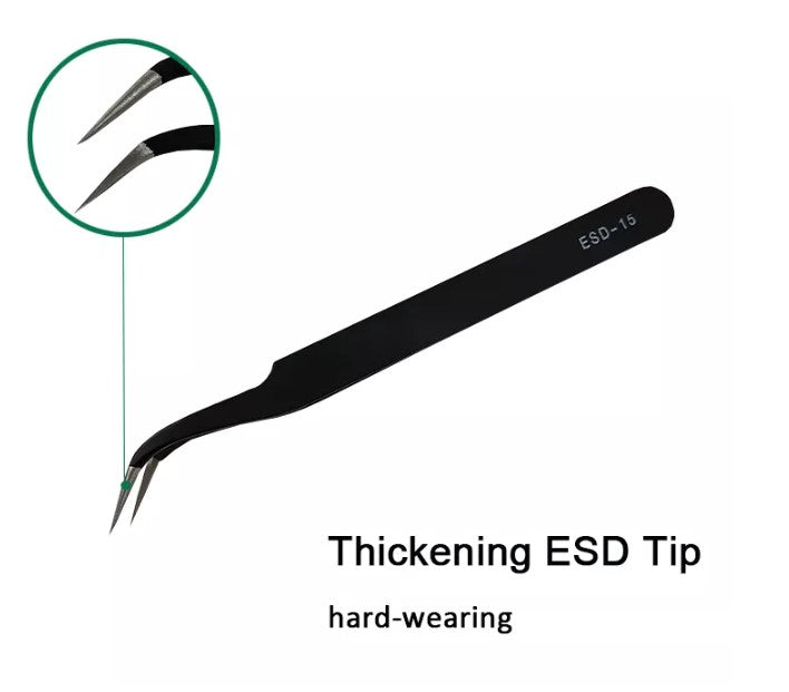 ESD Stainless Steel Tweezers - Precision Industrial Repair Tool Kit (Black)